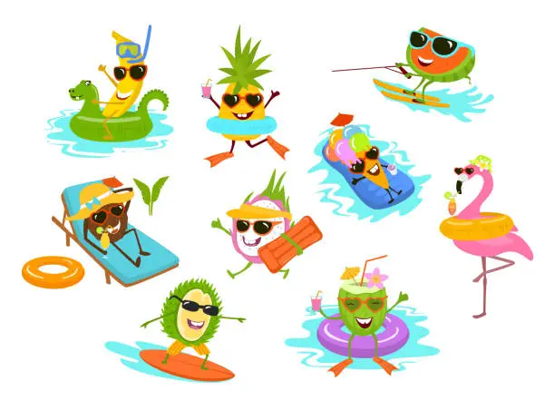 Vector illustration of summer time funny tropical fruits , flamingo , ice cream cartoon characters chilling on the beach pool vacation  set