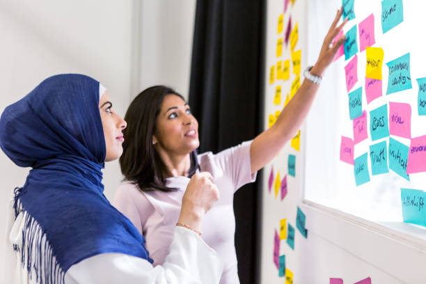 diverse donne d'affari multiculturali che brainstorming idee di innovazione - medio orientale foto e immagini stock