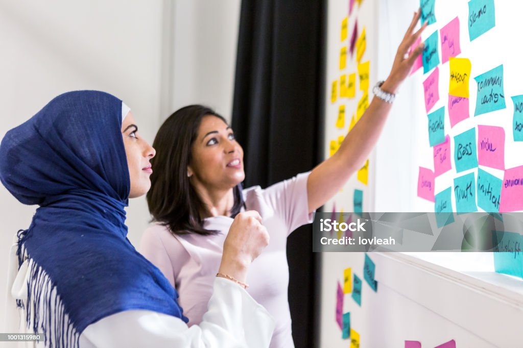 Diverse multicultural business women brainstorming innovation ideas Two diverse ethnic women discuss ideas with sticky posted notes. Australia Stock Photo