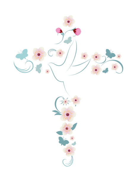 illustrazioni stock, clip art, cartoni animati e icone di tendenza di elegante croce cristiana vettoriale isolata con fiori rosa colomba e farfalle - cross ornate catholicism cross shape