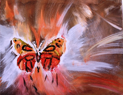 Abstract painting detail. Watercolor butterfly blended in background
