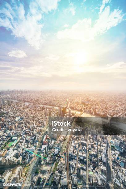 Panoramic Modern City Urban Skyline Bird Eye Aerial View Under Sun Blue Sky In Tokyo Japan Stock Photo - Download Image Now