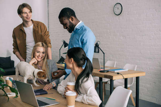 istock smiling multiethnic business colleagues watching at dog on table in modern office 1001354256