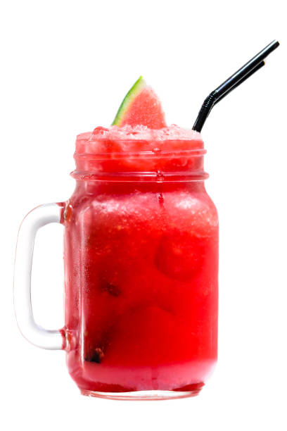 istock Fresh red delicious watermelon smoothie in a mason jar with two 1001362216