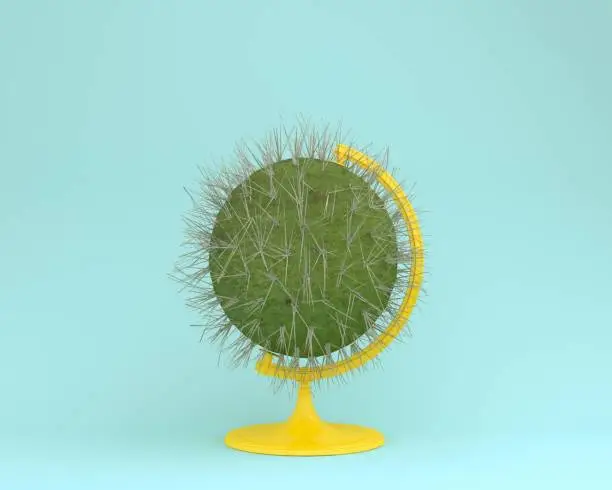 Photo of Globe sphere orb cactus concept on pastel blue background. minimal idea concept. Ideas creative to produce work within an advertising marketing communications or artwork design.
