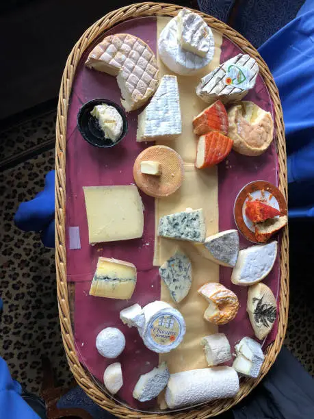 A selection of French cheese from a restaurant in Rouen France.