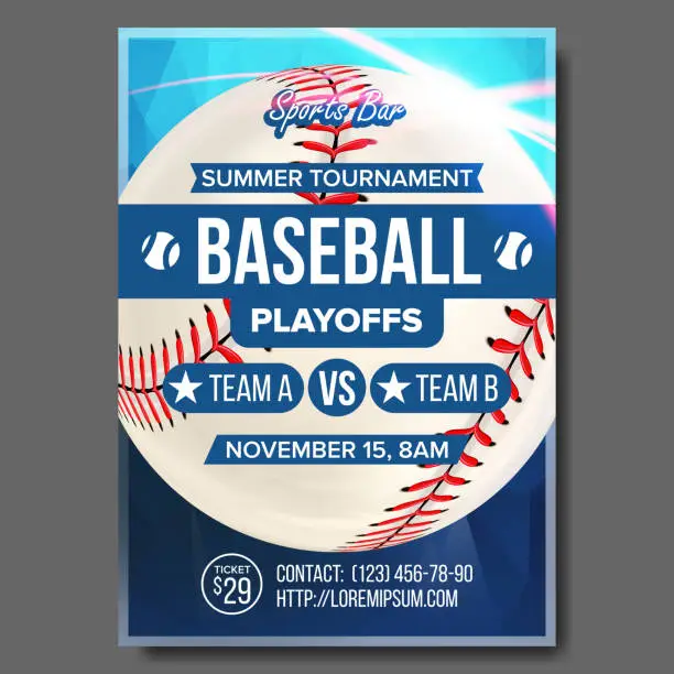 Vector illustration of Baseball Poster Vector. Design For Sport Bar Promotion. Baseball Ball. Modern Tournament. Baseman, Batter, Hitter. Game Flyer Blank Illustration