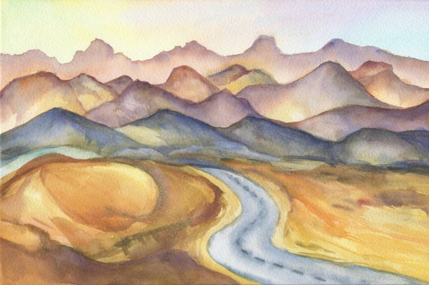 istock Mountain landscape - road among the sand dunes in the desert on sunset, panoramic view. Beautiful rocks and yellow sand desert. Watercolor hand drawn painting illustration 1001369534