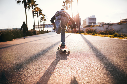 Young hipster man with longboard skateboarding in city park with palm trees