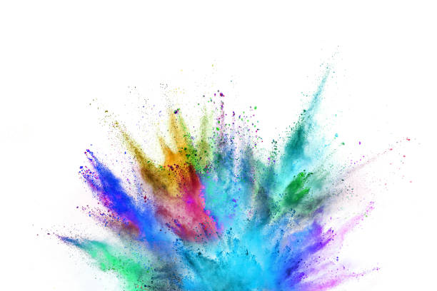 白い背景の着色された粉体爆発 - exploding celebration multi colored colors ストックフォトと画像