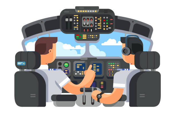 ilustrações de stock, clip art, desenhos animados e ícones de pilots in cockpit plane flat design - cockpit dashboard airplane control panel