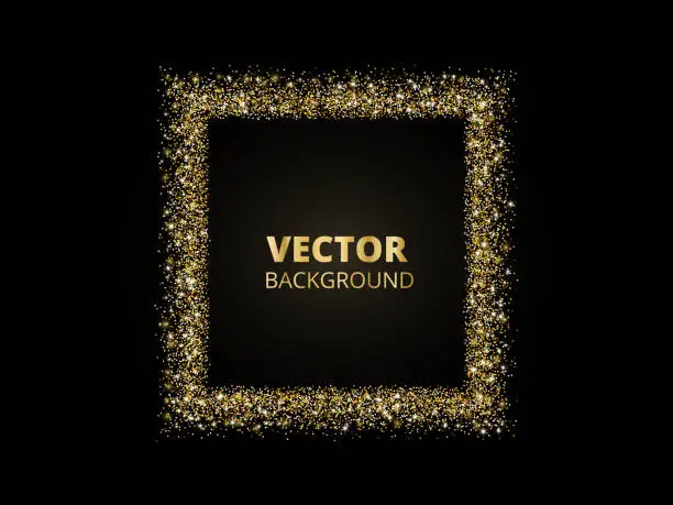 Vector illustration of Festive golden sparkle background. Glitter border, rectangle frame. Black and gold vector dust