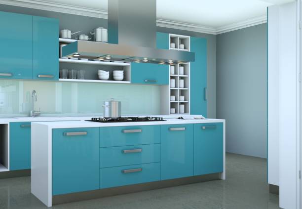 istock Blue modern kitchen in a flat with beautiful design 1001410460