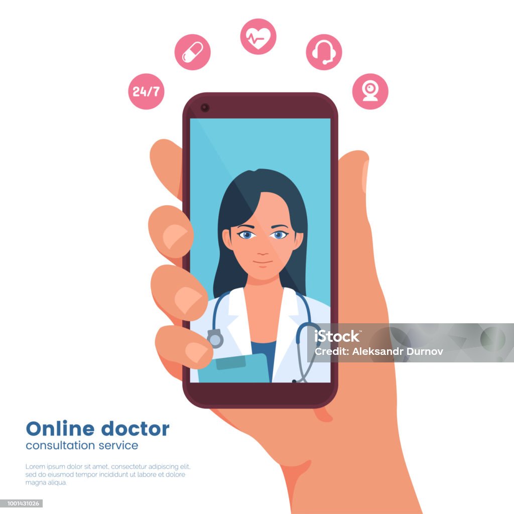 Illustration de médical mobile. Médecine mobile. Main tenant le smartphone avec le médecin de la jeune femme sur l’écran du périphérique. Video chat avec medic. Concept graphique design plat. Vecteur eps 10. - clipart vectoriel de Téléphone - Équipement de télécommunication libre de droits