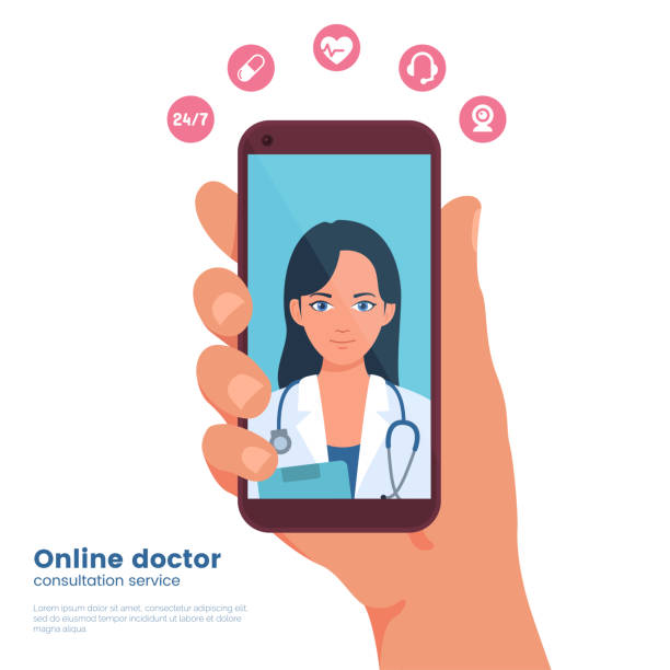 Mobile doctor illustration. Mobile medicine. Hand holding smartphone with young woman doctor on device screen. Video chat with medic. Flat design graphic concept. Vector eps 10. Mobile doctor illustration. Mobile medicine. Hand holding smartphone with young woman doctor on device screen. Video chat with medic. Flat design graphic concept. Vector eps 10. hand holding phone stock illustrations