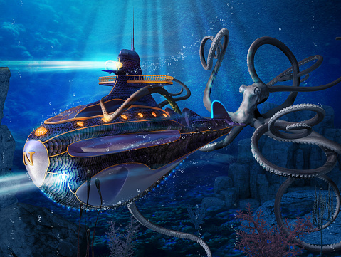 A giant squid attacks the Nautilus of captain Nemo, a scene from Jules Verne’s novel 20000 Leagues Under the Sea. 3d render painting