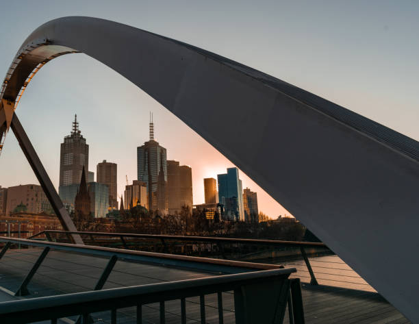 Melbourne cityscape framed by the Evan Walker Pedestrian Melbourne just after sunrise on a clear winters day. downunder stock pictures, royalty-free photos & images