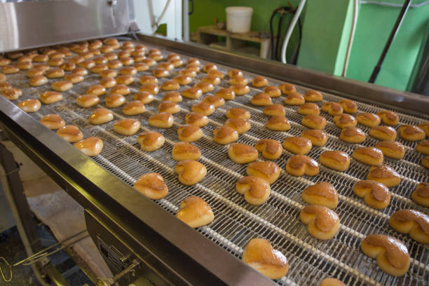 istock Cakes on automatic conveyor belt or line, process of baking in confectionery culinary factory or plant. Cookie and other sweet breadstuff production 1001455914