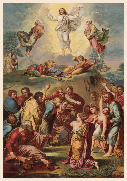 Transfiguration, painted (1516/20) by Raphael (1883-1520), chromolithograph, published in 1890 Transfiguration of Christ. Chromolithograph after a painting (1516/20) by Raphael (Italian painter, 1483 - 1520) in the Pinacoteca Vaticana, published in 1890. renaissance style stock illustrations