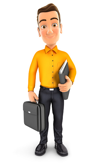 3d man standing and holding briefcase, illustration with isolated white background