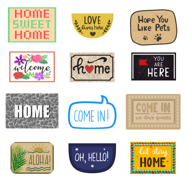Home mat vector welcome doormat of front house entrance and doorway matting rug for visitors illustration household set of homecoming enter decoration isolated on white background Home mat vector welcome doormat of front house entrance and doorway matting rug for visitors illustration household set of homecoming enter decoration isolated on white background. key doormat stock illustrations