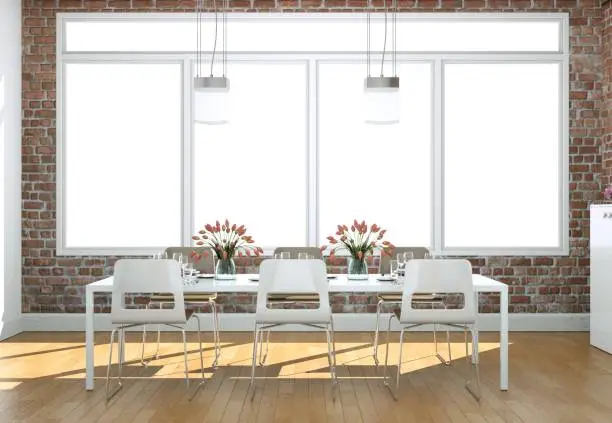 Dining room interior design in modern loft with stonewalls 3D Illustration