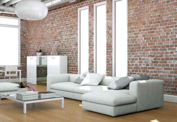 desain interior ruang tamu modern yang cerah dengan sofa dan stonewall - brick room with logam interrior potret stok, foto, & gambar bebas royalti
