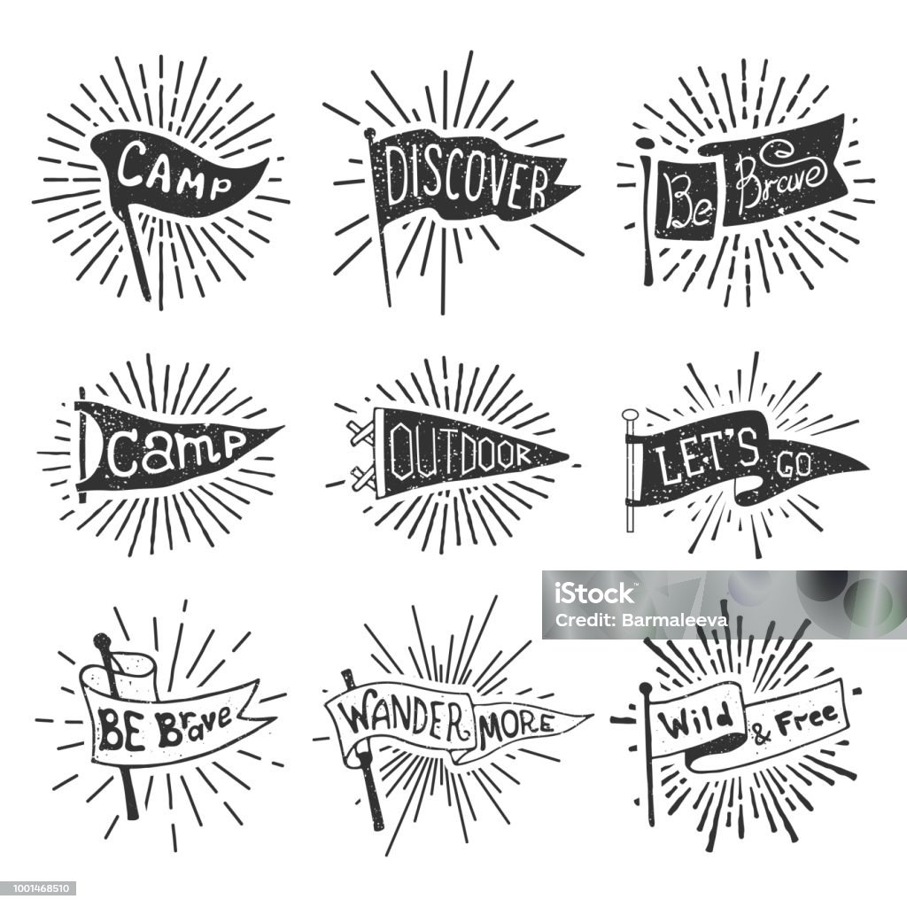 Set of adventure, outdoors, camping pennants. Retro monochrome labels with light rays. Hand drawn wanderlust style. Pennant travel flags design Set of adventure, outdoors, camping pennants. Retro monochrome labels with light rays. Hand drawn wanderlust style. Pennant travel flags design. Vector illustration. Pennant stock vector