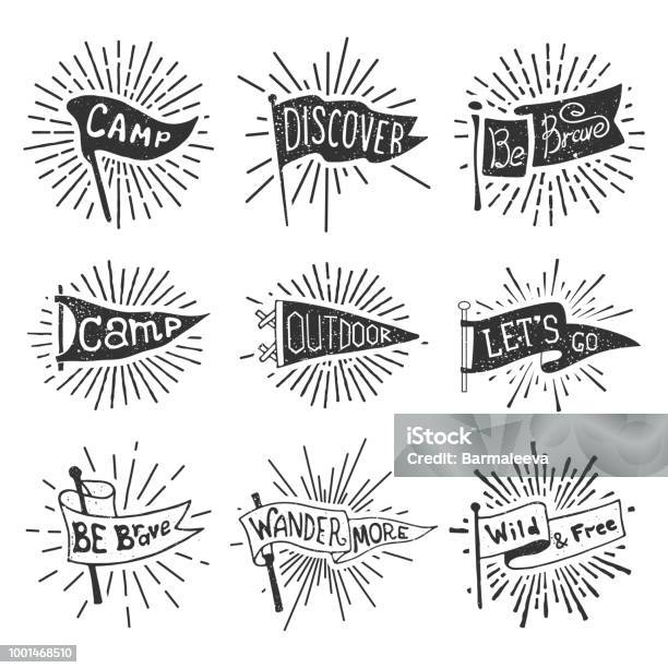 Set Of Adventure Outdoors Camping Pennants Retro Monochrome Labels With Light Rays Hand Drawn Wanderlust Style Pennant Travel Flags Design Stock Illustration - Download Image Now