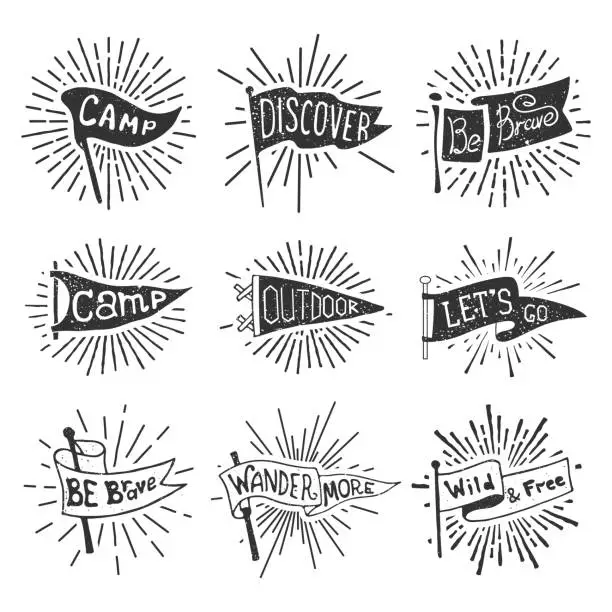 Vector illustration of Set of adventure, outdoors, camping pennants. Retro monochrome labels with light rays. Hand drawn wanderlust style. Pennant travel flags design