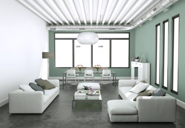 istock Modern bright living room interior design with sofas and grey walls 1001469156