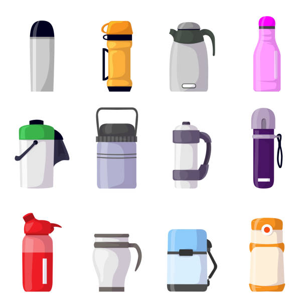 illustrazioni stock, clip art, cartoni animati e icone di tendenza di thermos vector sottovuoto o bottiglia con caffè bevanda calda o set di illustrazioni da tè di contenitore metallico o tazza o tazza di alluminio isolata su sfondo bianco - insulated drink container