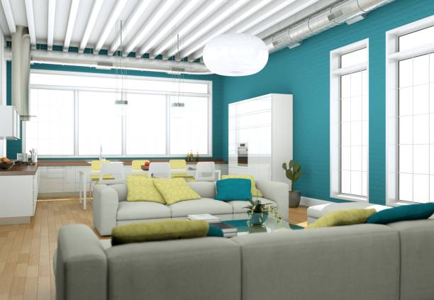 istock Modern bright living room interior design with sofas and blue wall 1001473650