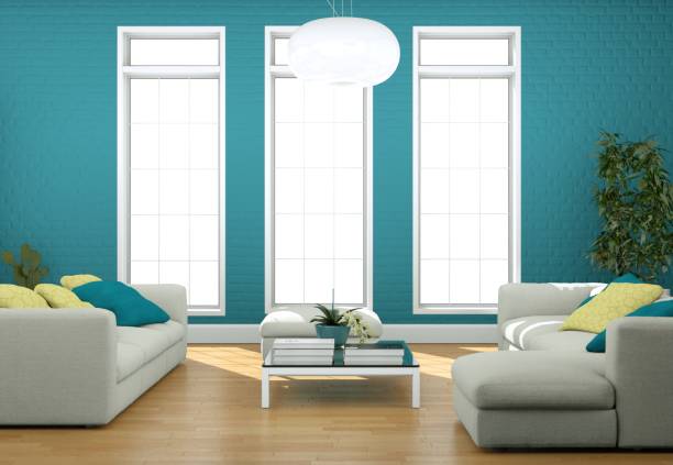 istock Modern bright living room interior design with sofas and blue wall 1001473676