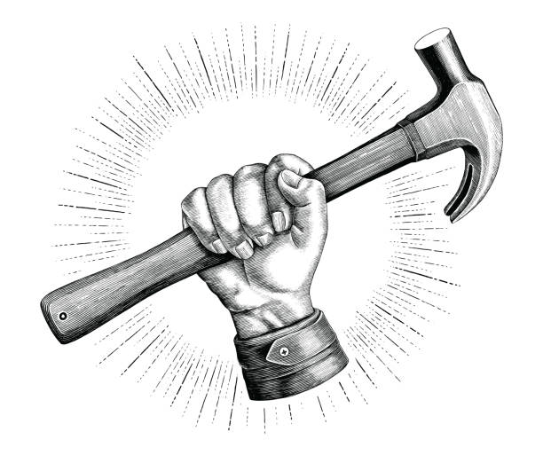 ilustraciones, imágenes clip art, dibujos animados e iconos de stock de mano que sostiene el martillo ilustración vintage prediseñadas para logo carpintero aislado sobre fondo blanco - martillo