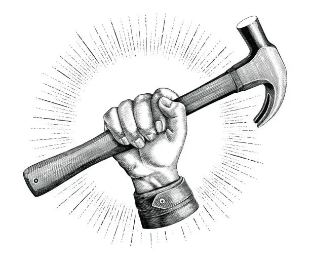 Vector illustration of Hand holding hammer illustration vintage clip art for carpenter logo isolated on white background
