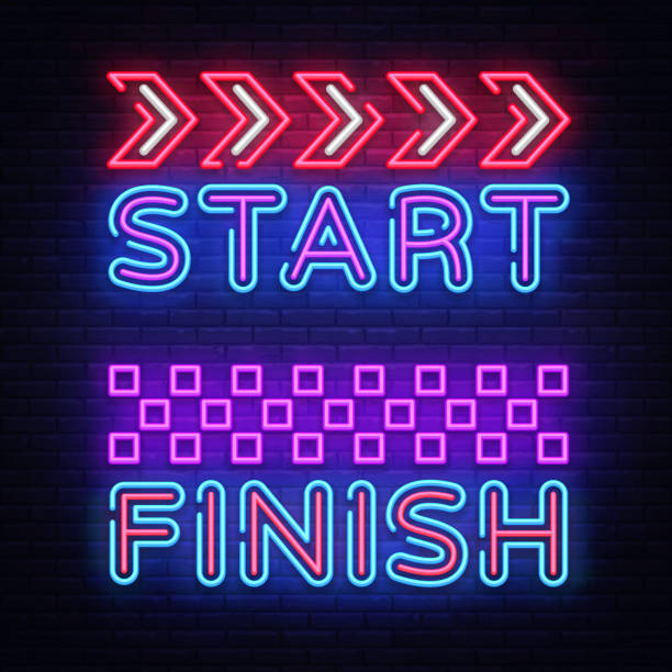 Start Finish neon sign vector. Start Finish Design template neon sign, Racing light banner, neon signboard, nightly bright advertising, light inscription. Vector illustration Start Finish neon sign vector. Start Finish Design template neon sign, Racing light banner, neon signboard, nightly bright advertising, light inscription. Vector illustration. all weather running track stock illustrations