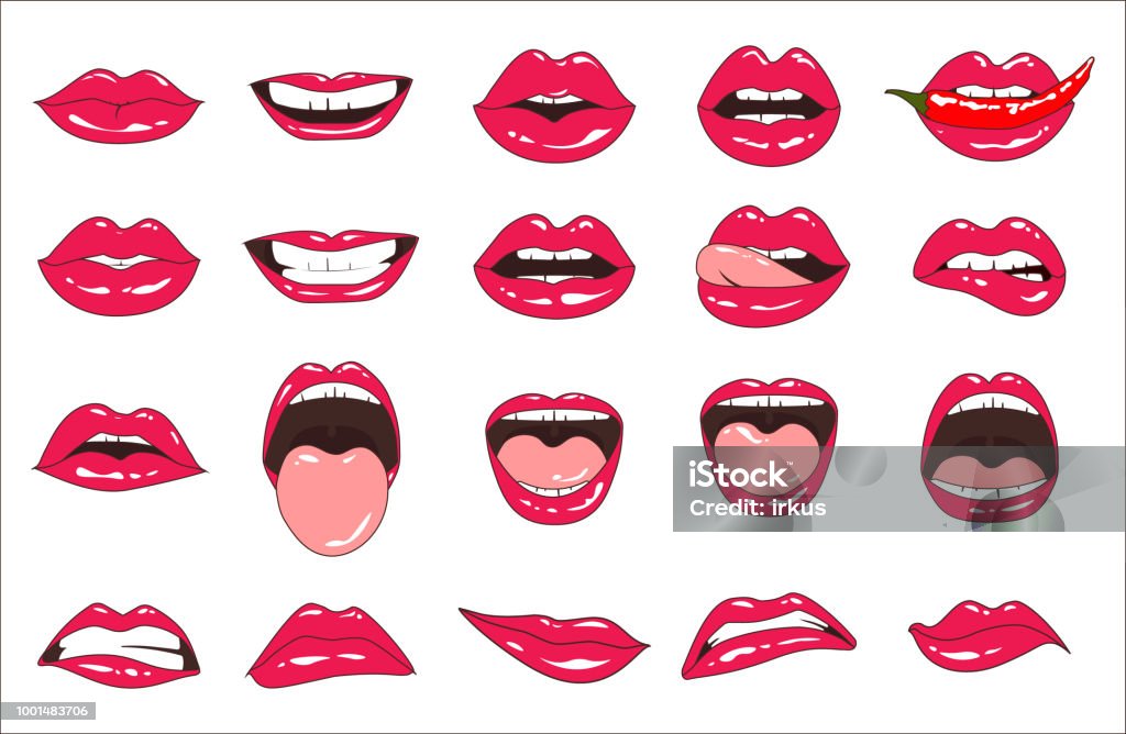 Lips patch collection. Vector illustration of sexy doodle woman lips expressing different emotions, such as smile, kiss, half-open mouth, biting lip, lip licking, tongue out. Isolated on white. Lips patch collection. Isolated on white. Vector illustration of sexy doodle woman lips expressing different emotions, such as smile, kiss, half-open mouth, biting lip, lip licking, tongue out. Mouth stock vector