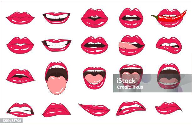 Lips Patch Collection Vector Illustration Of Sexy Doodle Woman Lips Expressing Different Emotions Such As Smile Kiss Halfopen Mouth Biting Lip Lip Licking Tongue Out Isolated On White Stock Illustration - Download Image Now