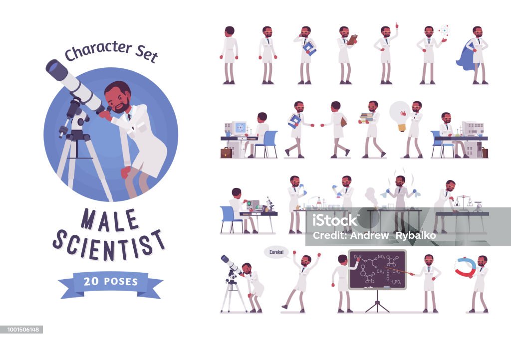 Male black scientist ready-to-use character set. Male black scientist ready-to-use character set. Expert of physical or natural laboratory working in white coat. Science and technology concept. Full length, different views, gestures, emotions Black Color stock vector