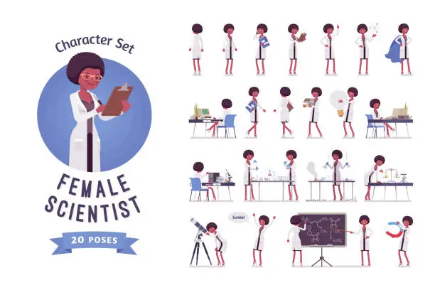 Vector illustration of Female black scientist ready-to-use character set