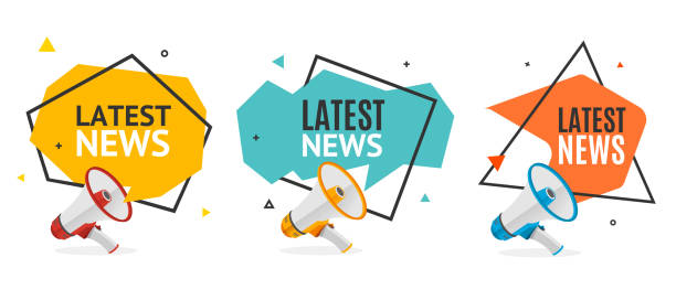 Latest News Banner Abstract Design Set. Vector Latest News Banner Abstract Design Set with Geometric Origami Bubble Speech and Realistic 3d Detailed Megaphone. Vector illustration megaphone borders stock illustrations
