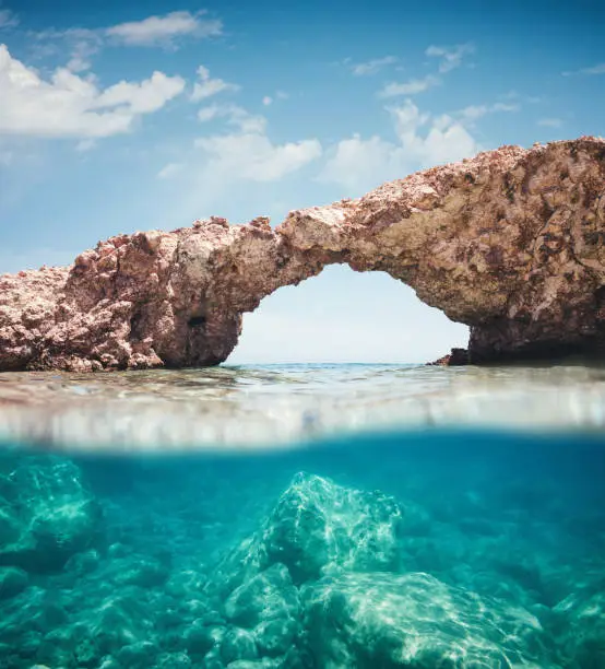 View from the water on natural rock arch on Milos Island (Kastanas beach, Cyclades, Greece). Personal perspective.