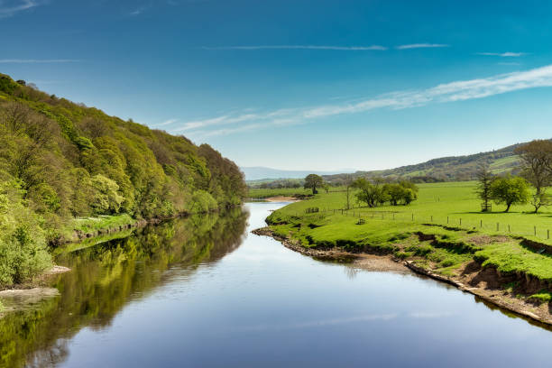 A view of the River Lune near Lancaster A view of the River Lune near Lancaster on a sunny day, with green fields and wooded slopes. lancashire photos stock pictures, royalty-free photos & images