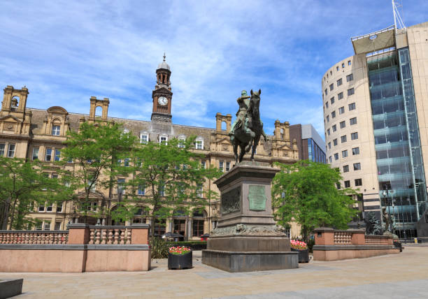 Leeds City Square,  showing the Black Prince statue, offices, bars and restaurants Leeds City Square - Leeds West Yorkshire. leeds photos stock pictures, royalty-free photos & images