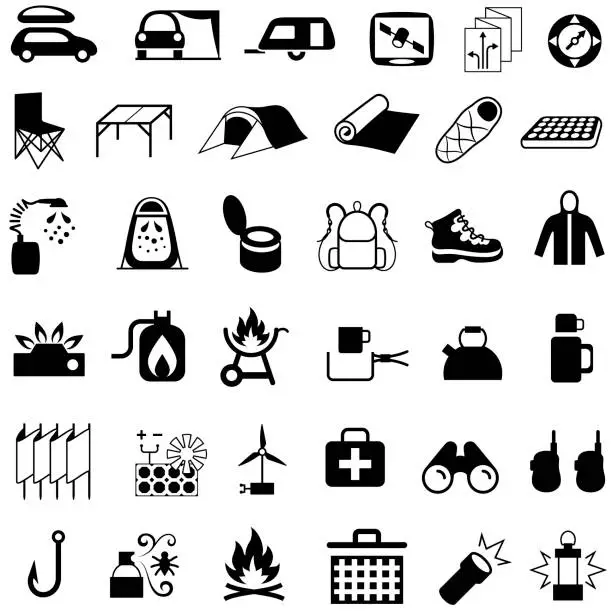 Vector illustration of Camping Hiking and Picnic Equipment Icons