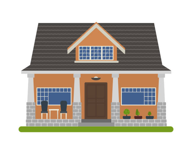 Bungalow style house vector Modern Bungalow style house. Vector illustration of a tourist house for rent, sale, booking and living, isolated on white background. dormer stock illustrations