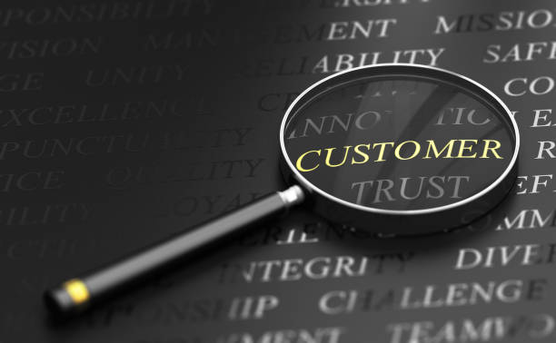 Customer Centric Concept Abstract Concept. Black text with the word customer witten in golden letters and a magnifying glass. 3D illustration morality photos stock pictures, royalty-free photos & images