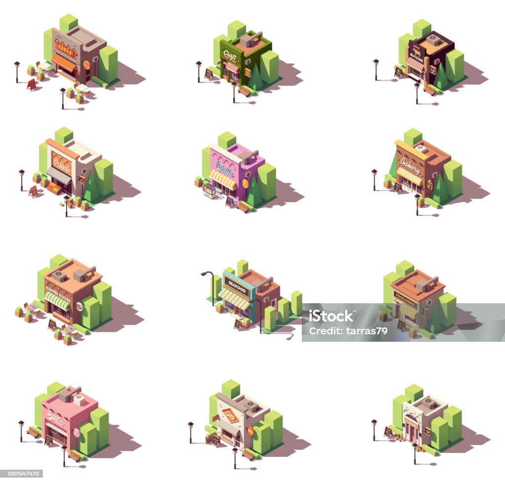 Vector isometric shops icon set Vector isometric shops and restaurants icon set. Includes kebab restaurant, beer bar, butcher shop, grocery, ice cream shop, bakery, coffee house, seafood, fromagerie and dairy, sweets shop and other Isometric Projection stock vector