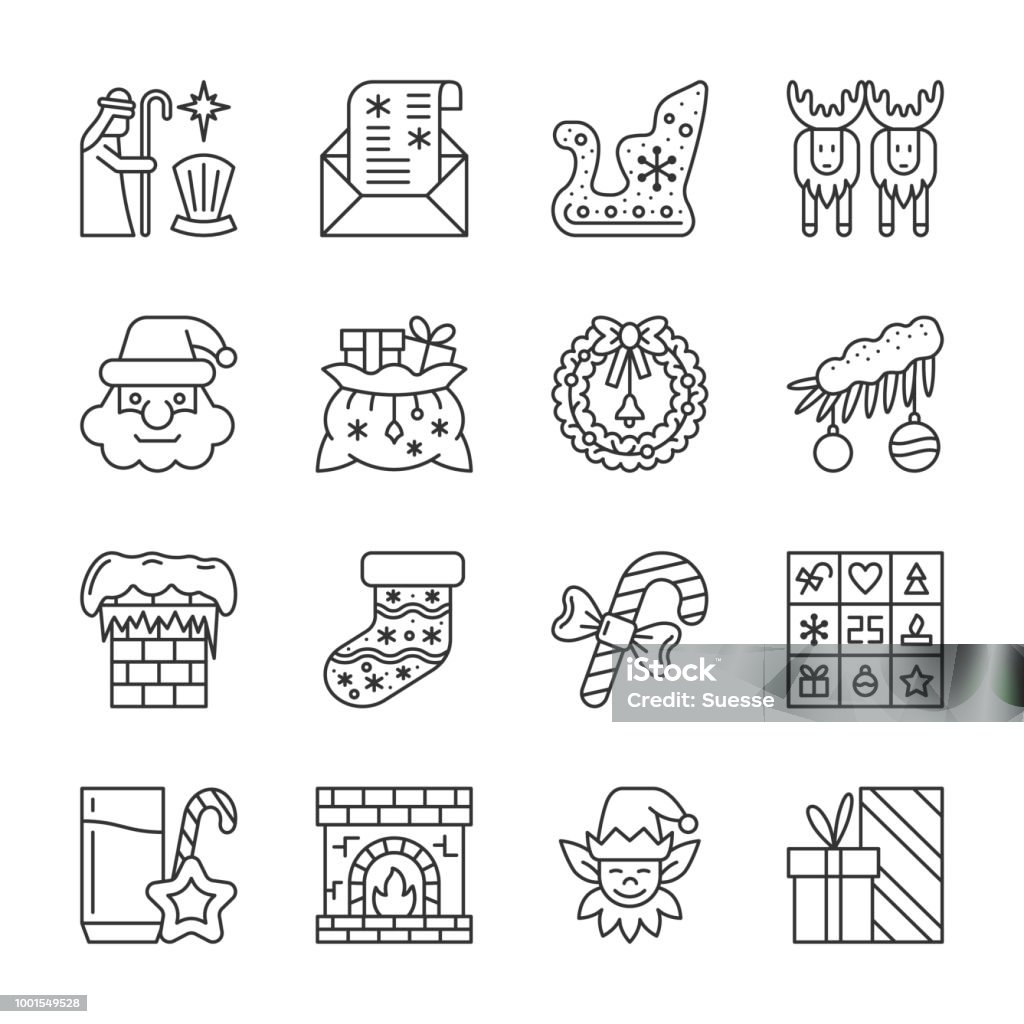 Christmas New year line icon set editable stroke Christmas thin line icon set. New year vector linear symbol pack. Outline sign without fill. Editable stroke. Simple graphic collection. Web print card, poster design. Flat style. Isolated on white Fireplace stock vector